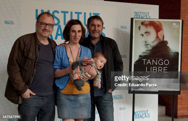 Frederic Fonteyne, Anne Paulicevich and her son and Sergi Lopez attends 'Tango libre' photocall at French Institute on April 26, 2013 in Madrid,...