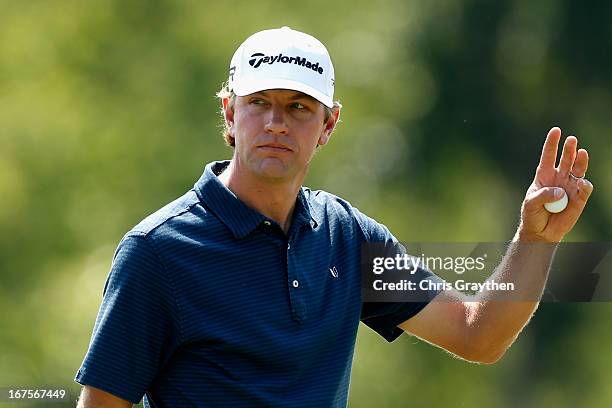 Lucas Glover reacts after making a putt on the 13th hole during the second round of the Zurich Classic of New Orleans at TPC Louisiana on April 26,...