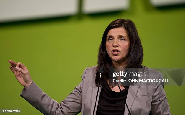 Green Party co-candidate in parliamentary elections Katrin Goering-Eckhardt addresses a Green Party congress in Berlin April 26, 2013. AFP PHOTO /...