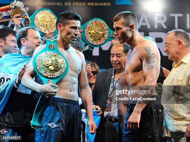 Argentine Sergio Martinez and English Martin Murray stare to each other during the weigh in at Buenos Aires Sheraton Hotel prior to the WBC...