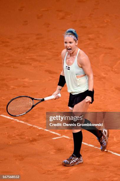 Bethanie Mattek-Sands of USA celebrates after defeating Sabine Lisicki of Germany during Day 5 of the Porsche Tennis Grand Prix at Porsche-Arena on...