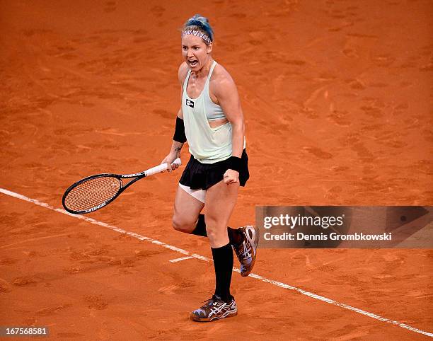 Bethanie Mattek-Sands of USA celebrates after defeating Sabine Lisicki of Germany during Day 5 of the Porsche Tennis Grand Prix at Porsche-Arena on...