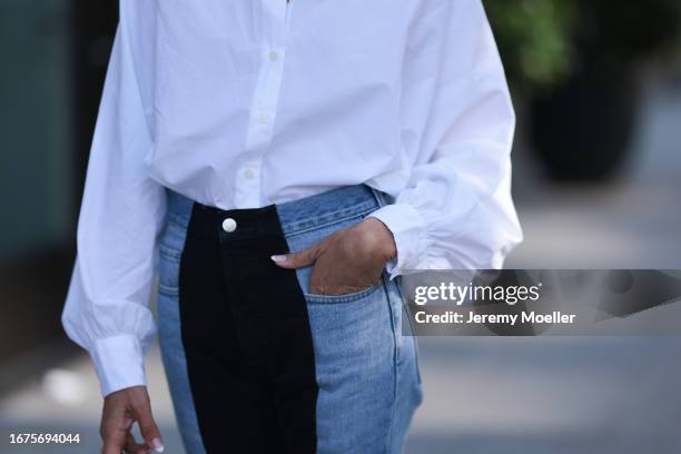 Celine bag, ELV denim, Chanel ballerinas, SoSue blouse and jacket on June 08, 2023 in Hamburg, Germany.