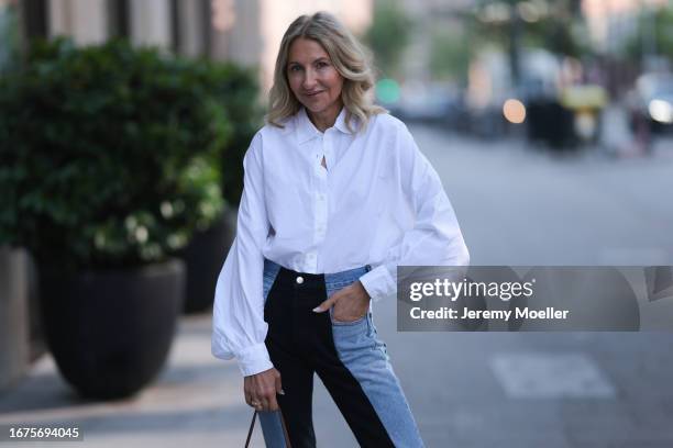 Celine bag, ELV denim, Chanel ballerinas, SoSue blouse and jacket on June 08, 2023 in Hamburg, Germany.