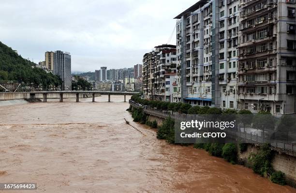 Flood waters rise in the Tongjiang River basin in Tongjiang County, Bazhong City, Sichuan province, China, September 19, 2023.