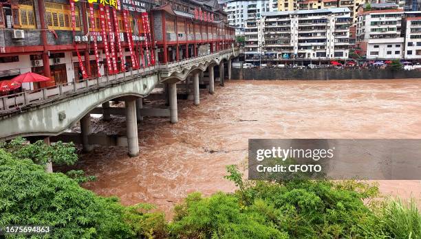 Flood waters rise in the Tongjiang River basin in Tongjiang County, Bazhong City, Sichuan province, China, September 19, 2023.