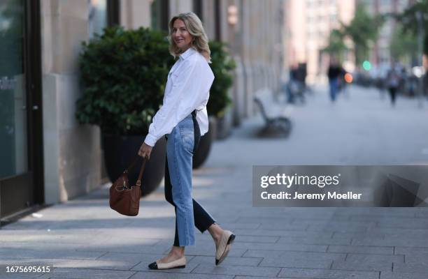 Celine bag, ELV denim, Chanel ballerinas, SoSue blouse and jacket on June 08, 2023 in Hamburg, Germany.