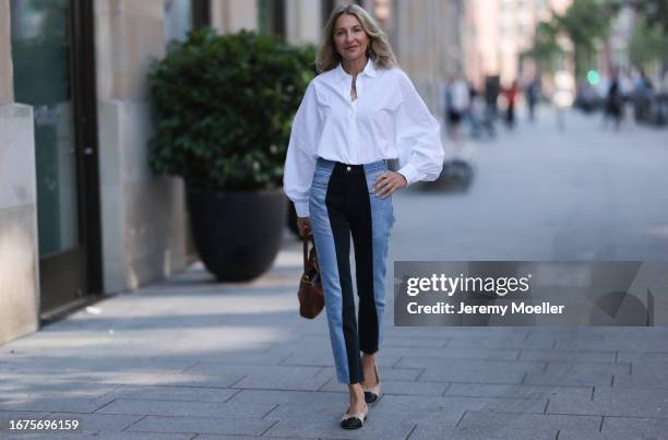 Celine bag, ELV denim, Chanel ballerinas, SoSue blouse and jacket on June 08, 2023 in Hamburg, Germany.