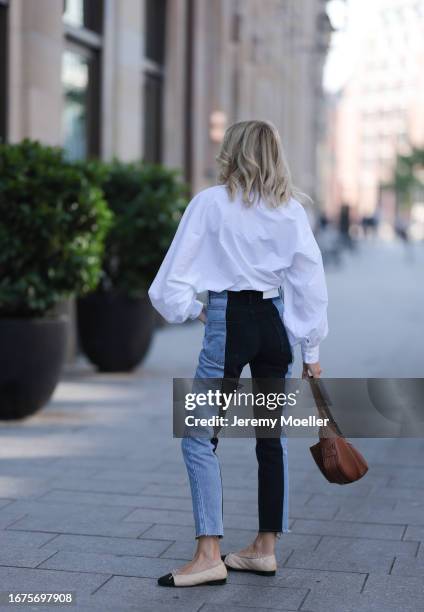 Celine bag, ELV denim, Chanel ballerinas, SoSue blouse and jacket on June 08, 2023 in Hamburg, Germany.