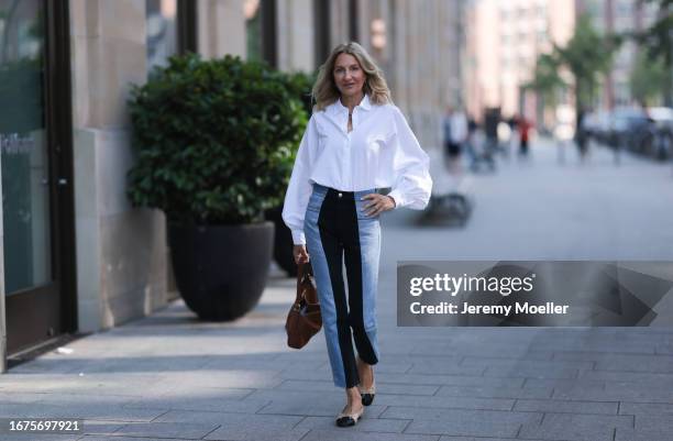 Celine bag, ELV denim, Chanel ballerinas, SoSue blouse and jacket on June 08, 2023 in Hamburg, Germany.