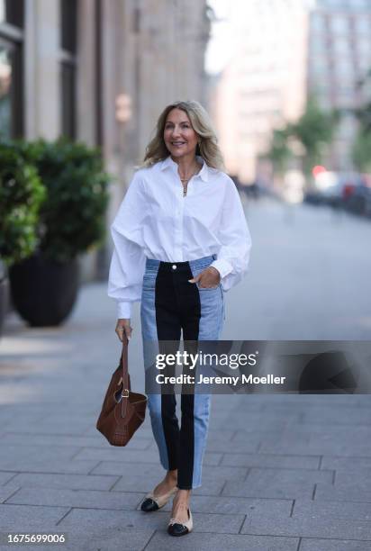 Celine bag, ELV denim, Chanel ballerinas, SoSue blouse and jacket on June 08, 2023 in Hamburg, Germany.