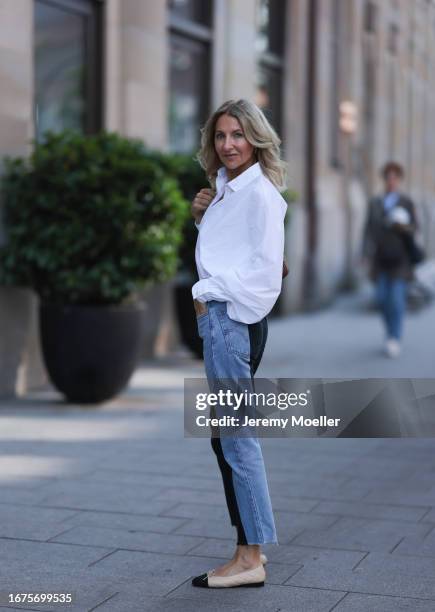 Celine bag, ELV denim, Chanel ballerinas, SoSue blouse and jacket on June 08, 2023 in Hamburg, Germany.