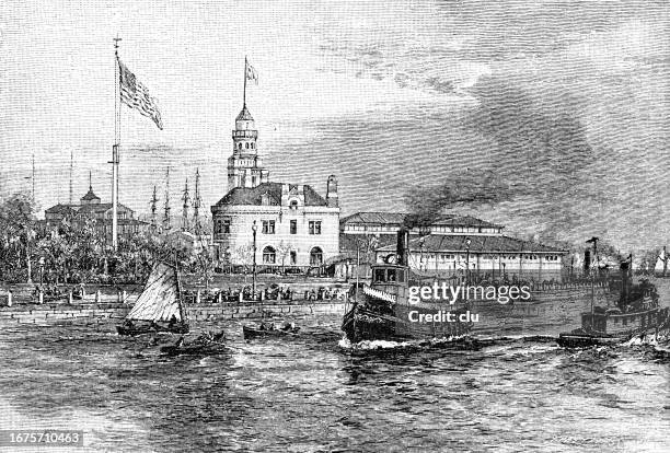 barge office at new york harbor - barge stock illustrations