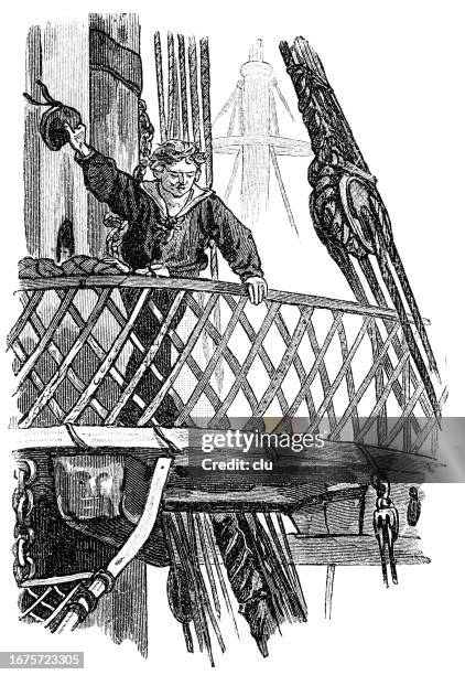 sailor standing on the mars of a grand master - rugby cartoon stock illustrations
