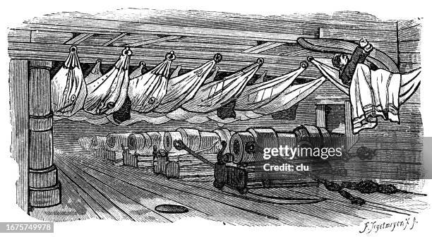 sailors under deck rest in hammocks - hammock stock illustrations