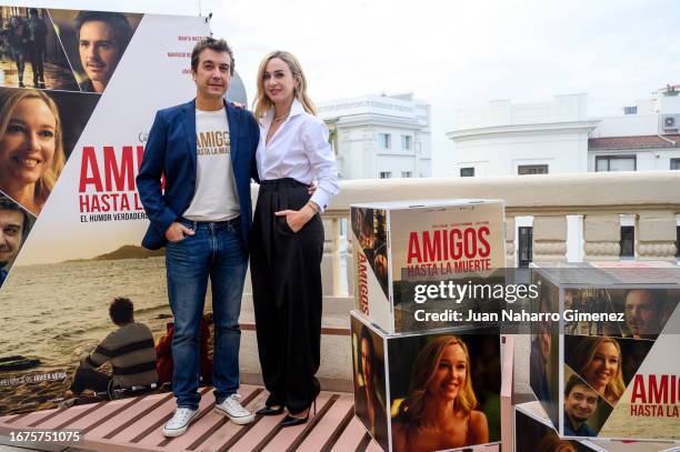 Javier Veiga and Marta Hazas attend the "Amigos Hasta La Muerte" photocall at INNSiDE by Meliá Madrid Gran Vía on September 12, 2023 in Madrid, Spain.