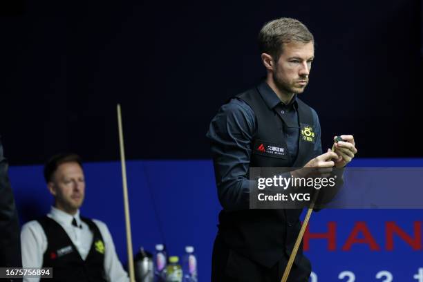 Jack Lisowski of England reacts in the second round match against Judd Trump of England on day 2 of World Snooker Shanghai Masters 2023 at Shanghai...