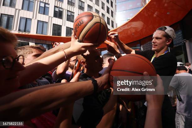 Moritz Wagner signs autographs during a reception for the German National Basketball Team on September 12, 2023 in Frankfurt am Main, Germany....
