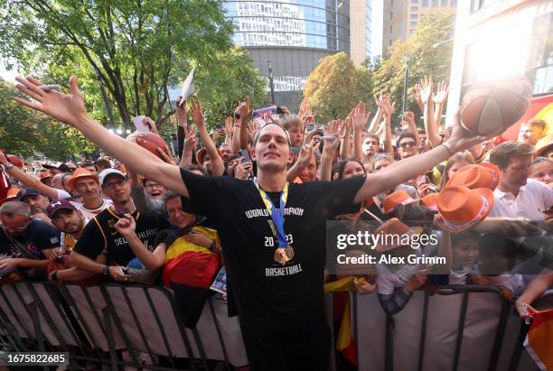 Moritz Wagner celebrates with the fans during a reception for the German National Basketball Team on September 12, 2023 in Frankfurt am Main,...