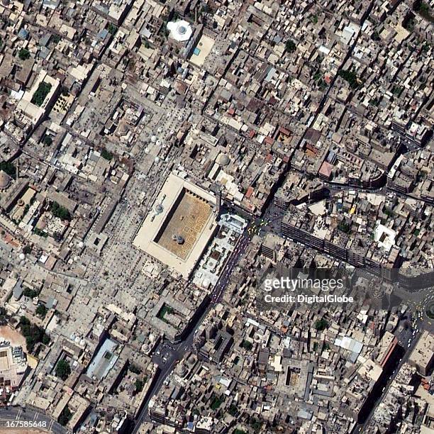 This is a satellite image of the great mosque of Aleppo before a 11th century minaret was destroyed on April 24, 2013.