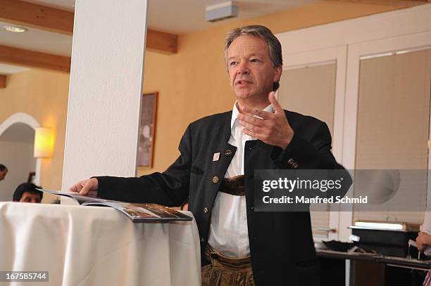 Alexander Scheutz speaks to the audience during a press conference for the oldest known wooden staircase which leads to a salt mine on on April 26,...