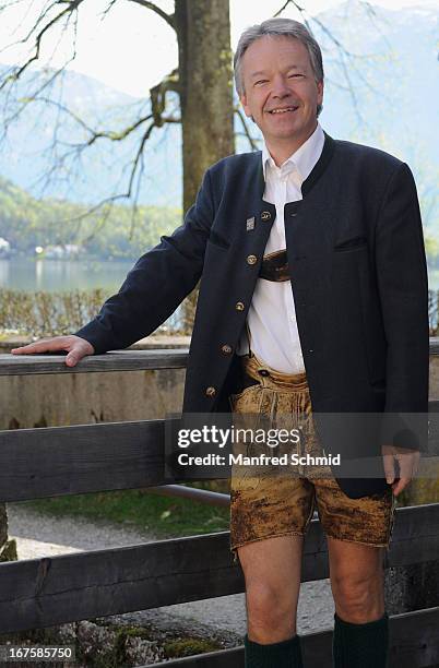 Alexander Scheutz poses after a press conference for the oldest known wooden staircase which leads to a salt mine on on April 26, 2013 in Hallstatt,...