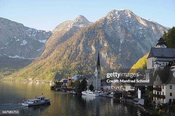 General view at the small town Hallstatt before a press conference f for the oldest known wooden staircase which leads to a salt mine on on April 26,...
