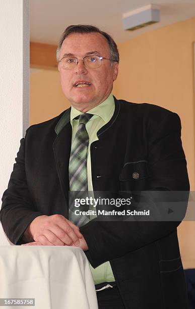 Herbert Kritscher speaks to the audience during a press conference for the oldest known wooden staircase which leads to a salt mine on on April 26,...