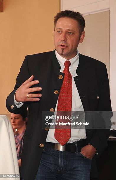 Kurt Thomanek speaks to the audience during a press conference for the oldest known wooden staircase which leads to a salt mine on on April 26, 2013...