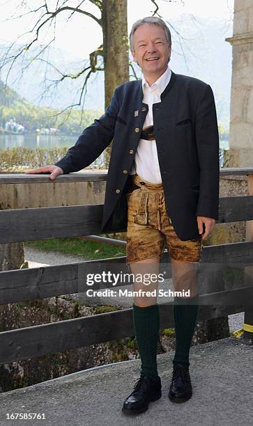 Alexander Scheutz poses after a press conference for the oldest known wooden staircase which leads to a salt mine on on April 26, 2013 in Hallstatt,...