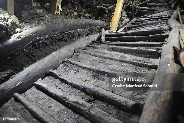 General view of the oldest known wooden staircase which leads to a salt mine on April 26, 2013 in Hallstatt, Austria. The staircase dates from 1343...