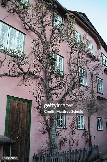 General view at the small town Hallstatt before a press conference for the oldest known wooden staircase which leads to a salt mine on April 26, 2013...