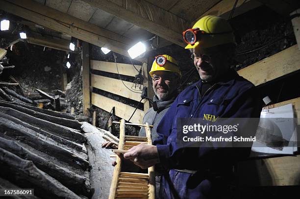 Michael Grabner and Hans Reschreiter speak to the audience beside the oldest known wooden staircase which leads to a salt mine on April 26, 2013 in...