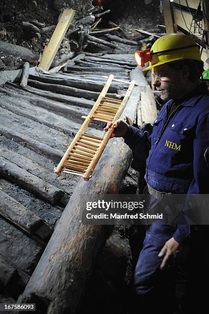 Hans Reschreiter speaks to the audience during beside he oldest known wooden staircase which leads to a salt mine on April 26, 2013 in Hallstatt,...