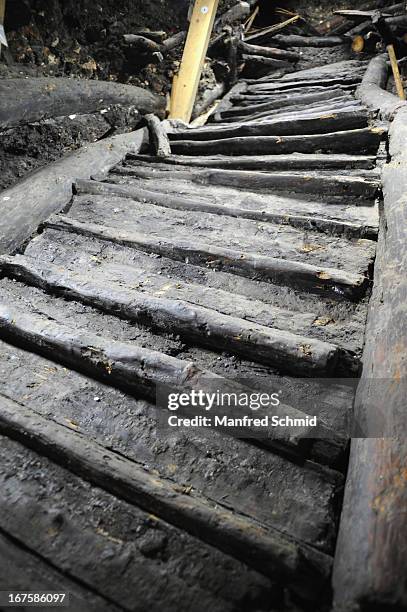 General view of the oldest known wooden staircase which leads to a salt mine on April 26, 2013 in Hallstatt, Austria. The staircase dates from 1343...