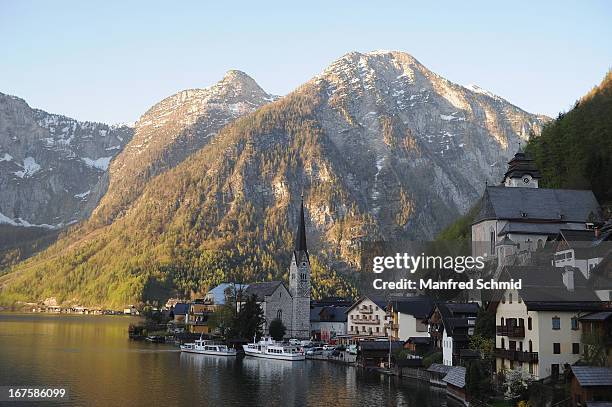 General view at the small town Hallstatt before a press conference for the oldest known wooden staircase which leads to a salt mine on April 26, 2013...