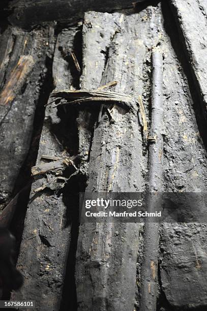Detailed view of the oldest known wooden staircase which leads to a salt mine on April 26, 2013 in Hallstatt, Austria. The staircase dates from 1343...