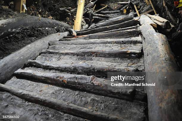 General view of the oldest known wooden staircase which leads to a salt mine on April 26, 2013 in Hallstatt, Austria. The staircase dates from 1343...