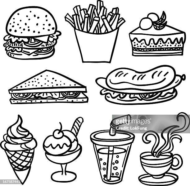 fastfood-sammlung in schwarz und weiß - burger stock-grafiken, -clipart, -cartoons und -symbole