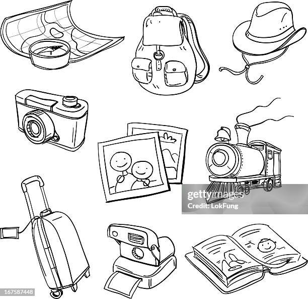 ilustrações, clipart, desenhos animados e ícones de ícones de viagens em preto e branco - camera bag