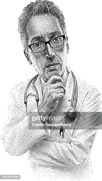 ilustraciones, imágenes clip art, dibujos animados e iconos de stock de hombre viejo pensativo médico - humourless