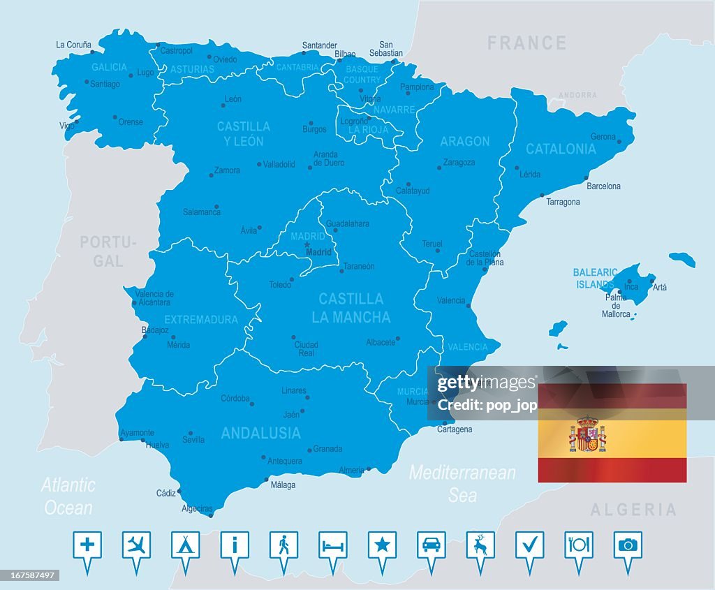 Map of Spain in blue on light blue background