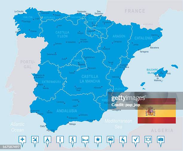 map of spain in blue on light blue background - oviedo 幅插畫檔、美工圖案、卡通及圖標