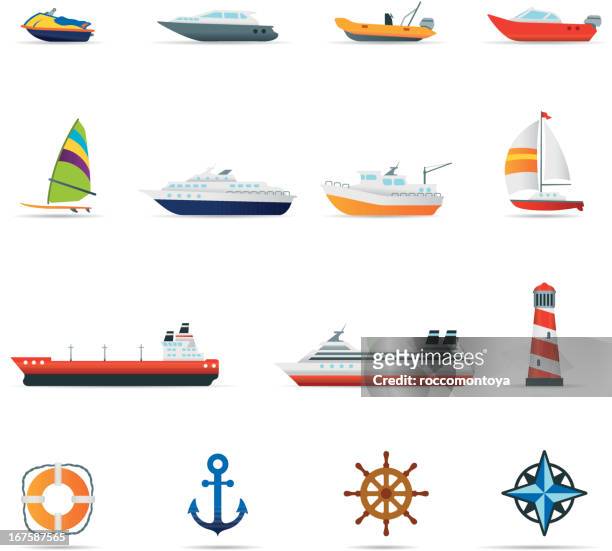 ilustraciones, imágenes clip art, dibujos animados e iconos de stock de conjunto de iconos de las embarcaciones y los buques de color - crucero