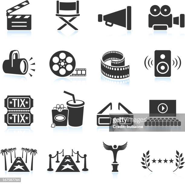 film industry schwarz & weiß lizenzfreie vektor icon-set - kinofilm stock-grafiken, -clipart, -cartoons und -symbole