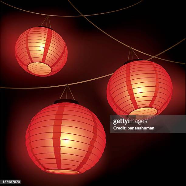 three red paper lanterns hanging from wires - 中國元宵節 幅插畫檔、美工圖案、卡通及圖標