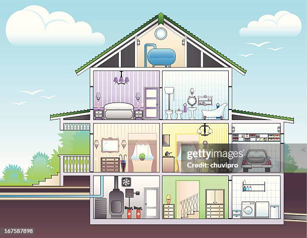 stockillustraties, clipart, cartoons en iconen met illustration showing cutaway of house - inkomhal