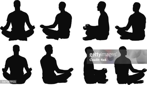 multiple images of a man meditating - cross legged stock illustrations