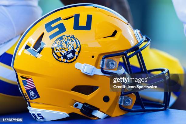 An LSU Tigers helmet rests on the sideline during a game between the LSU Tigers and the Grambling State Tigers at Tiger Stadium in Baton Rouge,...