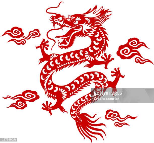 chinese dragon paper-cut art - dragons stock illustrations